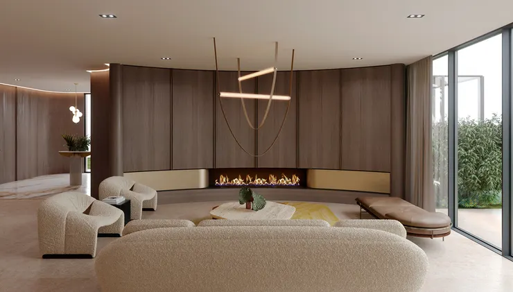 摒棄銳利的直角,利用曲面玻璃、弧形天花板與無縫塗料,將原本被視為缺點的圓弧角落,轉化為流動的藝術牆面。