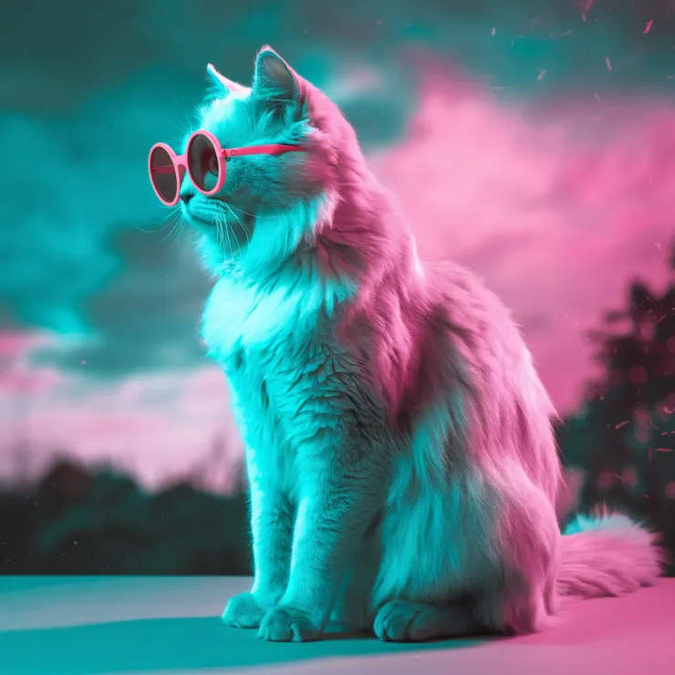 A profile neon-blue fur cat sitting upright on a teal surface. The cat is wearing a pair of pink, round sunglasses that magnify its eyes. The background is a blend of turquoise and pink hues, possibly depicting a sky during sunset or sunrise. There are also some small particles or specks scattered throughout the image.