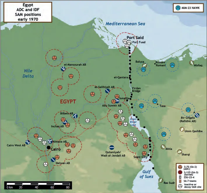 1970年頭幾個月埃及與以色列防空網構成，白色圖標是假陣地/誘餌，橘色圖標是SA-2，此時SA-3已經進駐但沒有標示於圖上。這些防空系統通常會對交戰區內任何飛行器進行攻擊，對於敵我雙方都是禁飛區。