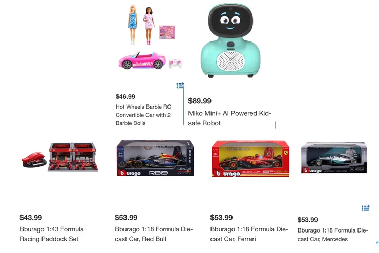 左上：芭比娃娃套組、右上：兒童用安全AI機器人。下排：汽車模型。