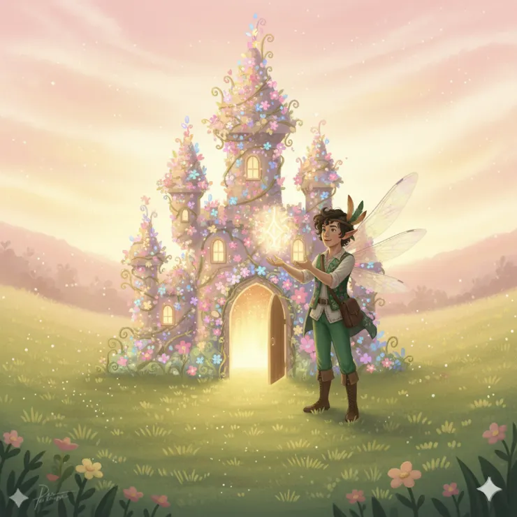 ​最後這幅畫充滿了光明與希望。主角站在一個開闊的草地上，雙手輕輕舉起，彷彿在展示他所創造的「系統」。這個系統現在看起來不再是冰冷的工具，而是一座充滿生機的、由花朵和光線編織而成的小小城堡。城堡的門戶敞開，邀請著更多的光芒與生命進入。他的表情充滿了自豪與平靜的喜悅，整個畫面的色調明亮而溫暖，背景的遠山和天空都沐浴在柔和的粉色與金色光輝中。這幅畫是對整個旅程的肯定，也預示著未來的無限可能。