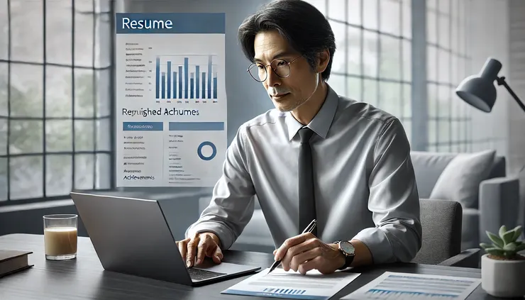 中高齡求職者在電腦上修改履歷，強調成果與數據呈現