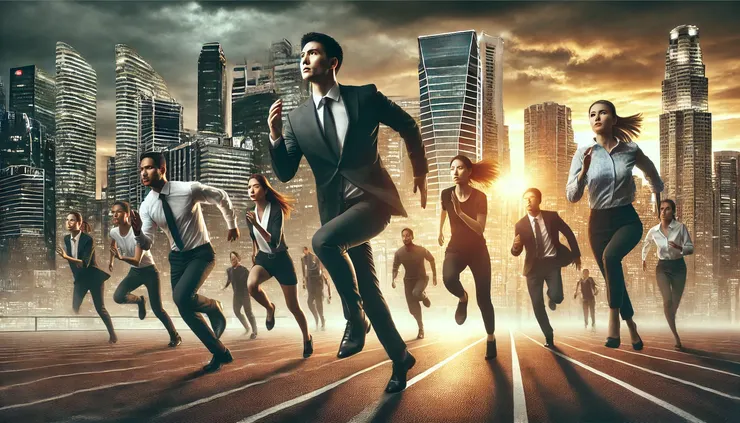 中高齡求職者與年輕人並肩在城市跑道上奔跑，象徵持續提升競爭力