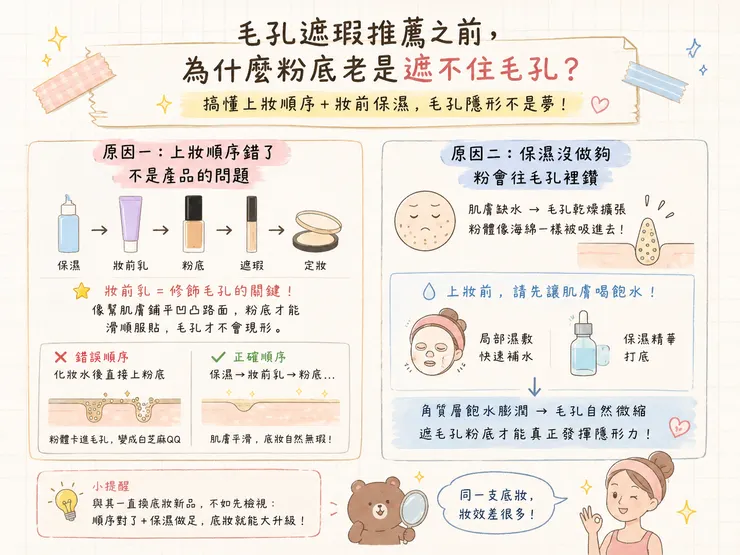 毛孔遮瑕之前必看!為什麼粉底老是遮不住毛孔?正確上妝順序+妝前乳保濕技巧,粗大毛孔隱形不卡粉,油肌混合肌底妝大提升