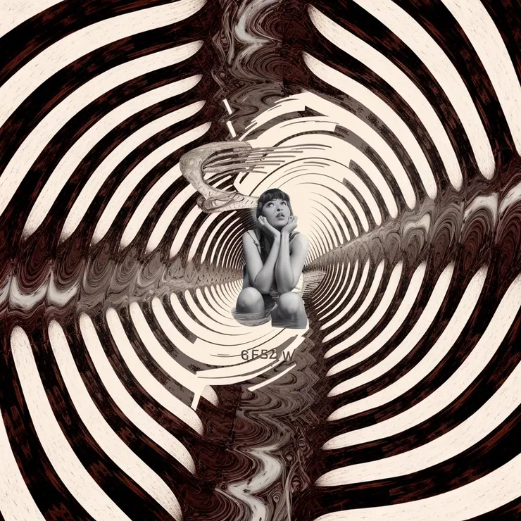 A surreal, optical art piece with a woman in the center of a spiral world. She is thinking and wondering what she is doing. The woman is becoming part of the illustration lines. The background is a chaotic, spiraling pattern. The image has a raw style and is personalized with the text "6ifse2w". The aspect ratio is 9:16.
