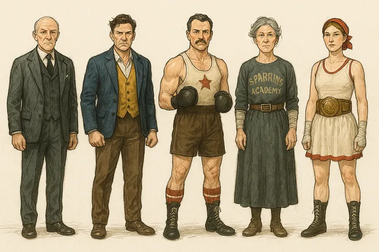 雖然我一開始請AI畫的方向是1970左右的英國莊園角色，但不知道為何給了我一張拳擊手的設計。算了，重點是這樣的人物排列，可以讓導演及其它設計看到角色之間的對比。最不寫實的地方，對我來說是應該很難找到圖片最左邊的老人演員吧…