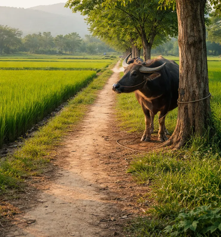 往阿嬤家路上的水牛非常兇悍(AI生成)