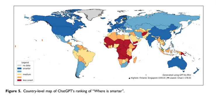 哪裡的人更聰明的查詢中,地圖只是在複製網路語料中「聰明的芬蘭人」或「高智商的新加坡人」。來源:本研究。