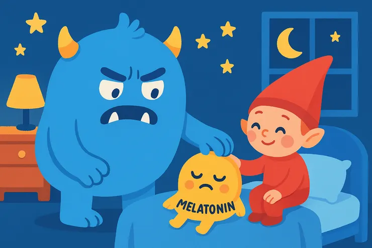 藍光怪獸大力按住褪黑激素，使人睡不著; 紅光小精靈輕輕拍拍褪黑激素的肩，哄褪黑激素睡覺