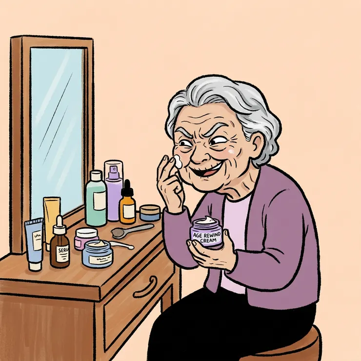 阿媽趁孫女不在，偷偷地把孫女的“美容品”大量塗在臉上。