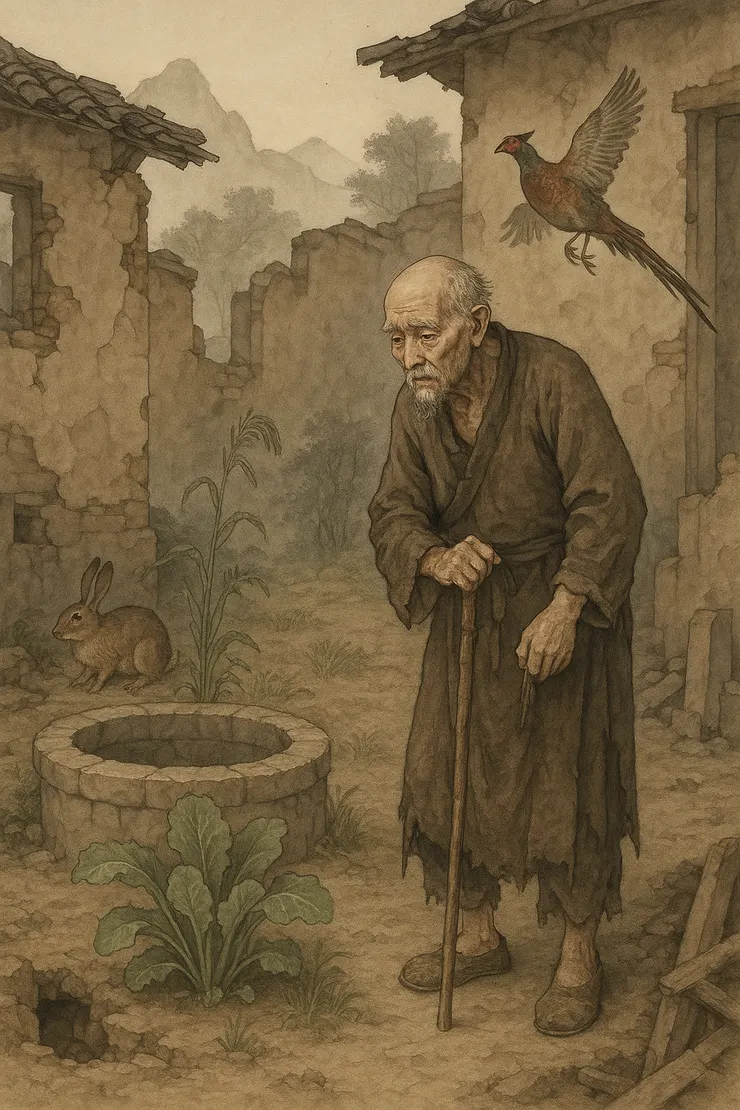 十五從軍征，八十始得歸。道逢鄉里人，家中有阿誰。遙望是君家，松柏冢累累。兔從狗竇入，雉從梁上飛。中庭生旅穀，井上生旅葵。舂穀持作飯，采葵持作羹。羹飯一時熟，不知貽阿誰。出門東向望，淚落沾我衣。