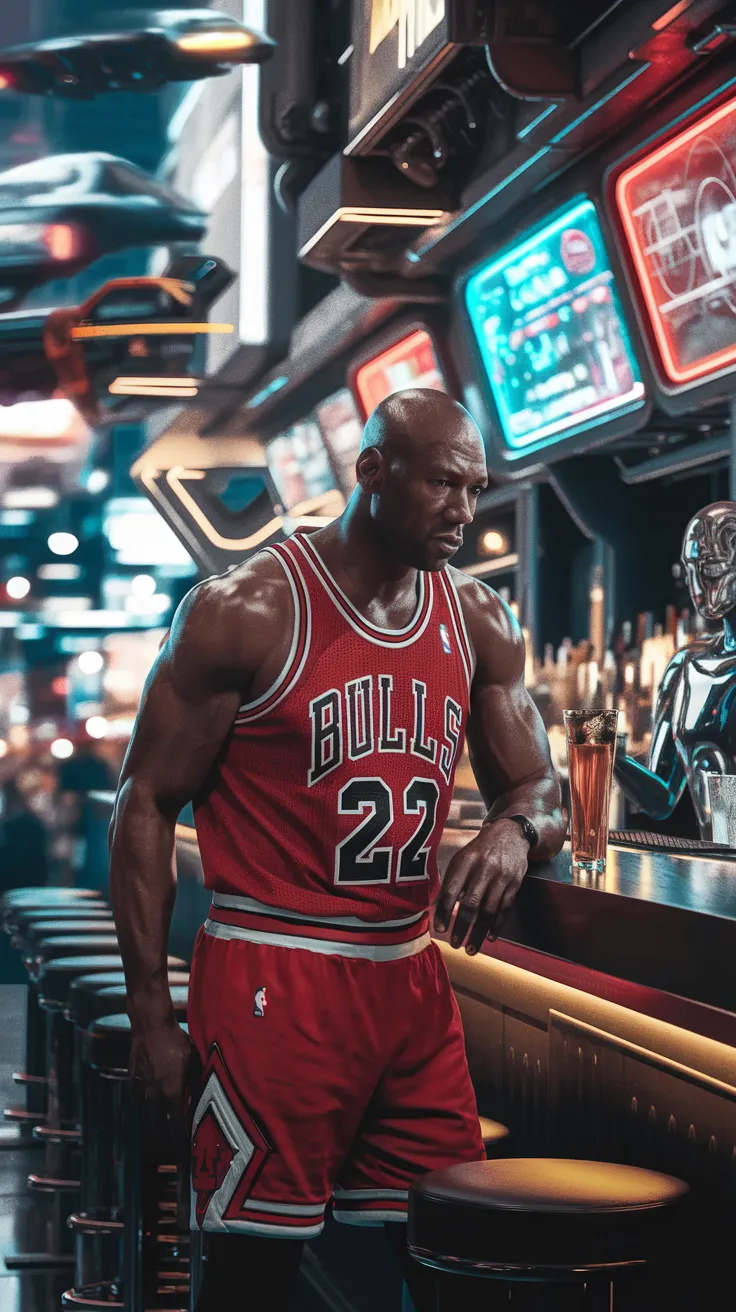A dramatic, cinematic-style image depicting Michael Jordan with his iconic Chicago Bulls uniform in cyberpunk bar