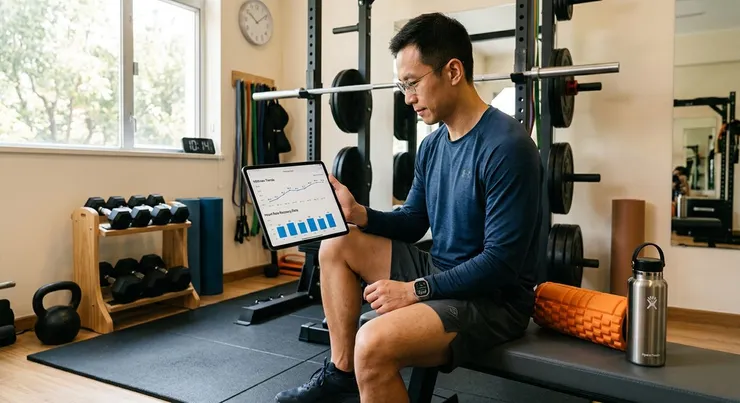 梁練偉在家中仔細比對平板上的VO2max歷史趨勢與心率恢復數據。