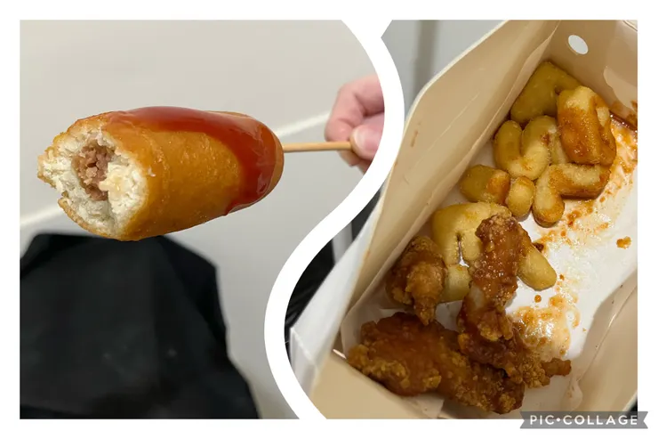 炸熱狗、韓式炸雞佐字母薯餅，炸雞只剩一半的量才拍的，賣相不太好但不錯吃。
