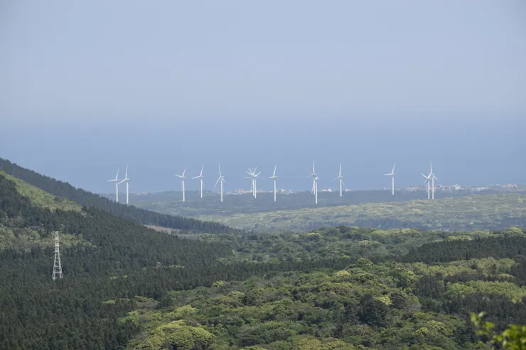 還有遠方的海岸與風力發電機。