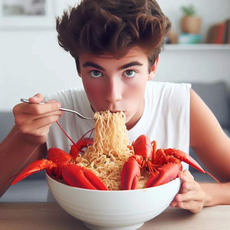 大口吃著龍蝦麵，他的家人和朋友們都在場觀看，期待著他能否成功。