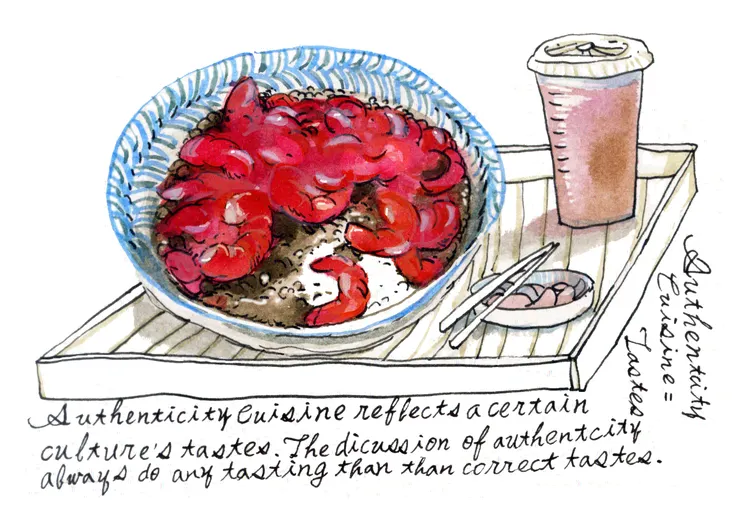 肉燥飯是滷肉燥加白飯，蝦仁飯則是豬油蔥火燒蝦加白飯，這都是在台灣的真實性，或者說是「道地」的風味，但肉燥蝦仁飯呢 ? 二者都道地、能理解，似乎加在一起也很合理，旁邊附上一杯紅茶就像以前陽春麵所附的清湯，會形成未來的傳統民食嗎