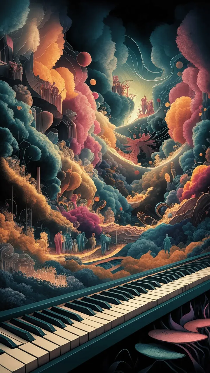 An evocative and vibrant visual depiction of a music therapist's inner world. The scene is filled with a symphony of colorful and abstract shapes, representing the diverse emotions and experiences they encounter in their profession. In the foreground, a piano keyboard stretches across the canvas, symbolizing the foundation of their craft. Amidst the swirling colors, there are images of challenges and triumphs, symbolizing the therapist's journey. The overall atmosphere is one of joy and growth, with a sense of harmony and interconnectedness.