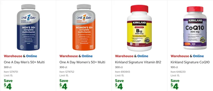 成人綜合維他命 $20.99、維他命 B12 $17.99、Q10 $22.99。