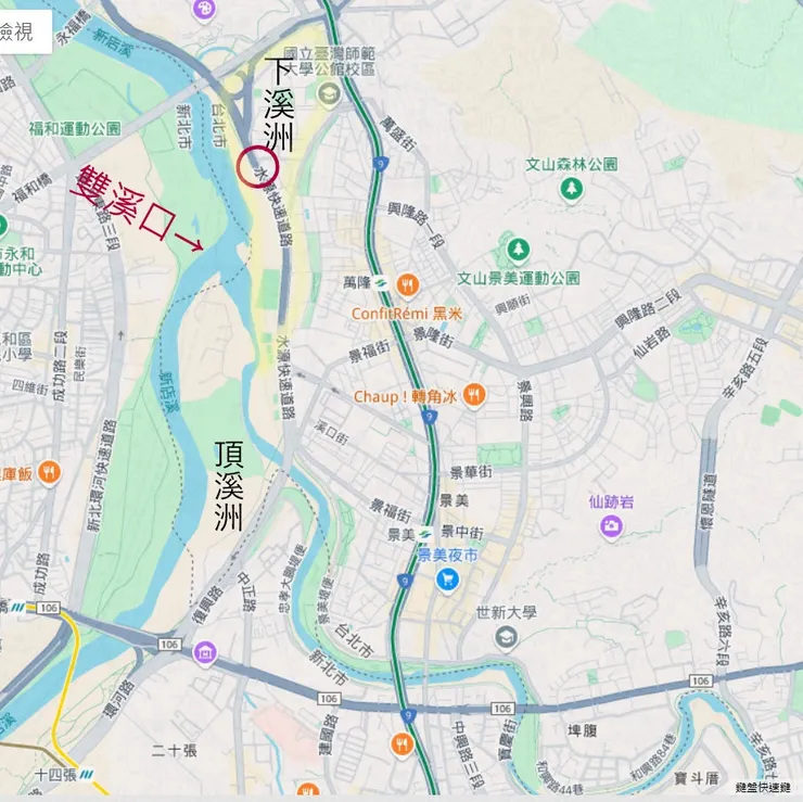 圓圈處為登上堤防的地點，可見雙溪口。黃色區域為下溪洲範圍