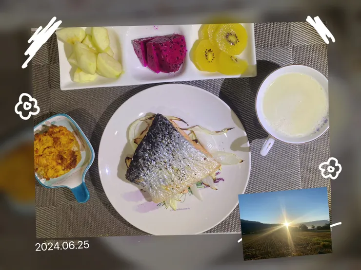 我的早餐，有一大片的烤鮭魚