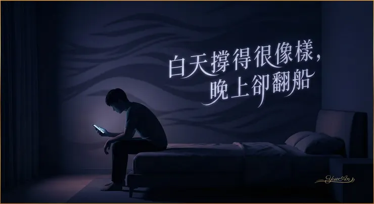白天越是高效硬撐，晚上越容易失眠、腦袋停不下來，反覆回放白天的工作場景與對話細節。那不是你「想太多」，而是過度警覺（Hyperarousal）讓神經系統還卡在備戰模式；反芻思考（Rumination）只是它在試著把今天「補完」。你不是關不掉；你是還在備戰。承認這點，我們才能把力氣留給明天。