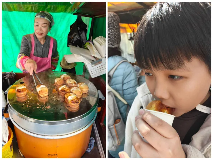 在明洞捷運站外買韓國烤蛋糕，裡面有一顆雞蛋，非常好吃