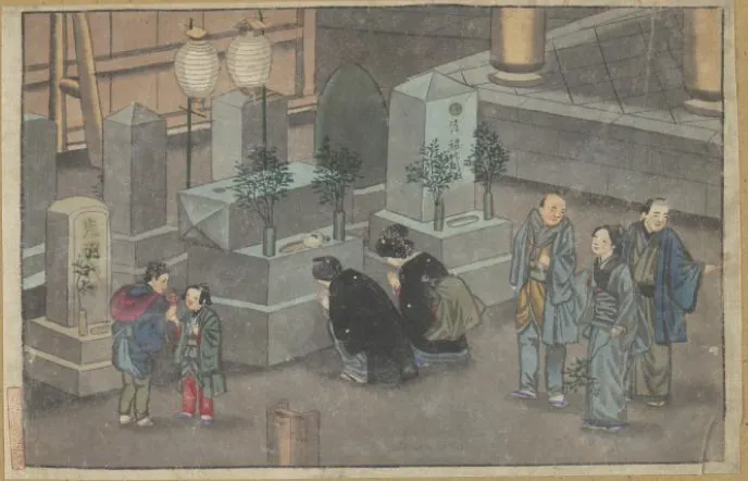  盂蘭盆節時，人們祭拜掃墓。（圖出自於《人生終了絵図—墓参》）