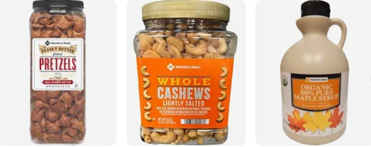 Sam's Club 必買前三名商品：花生醬夾心椒鹽脆 $7.28，低鹽腰果 ＄13.98，有機純楓糖漿 $ 11.98。