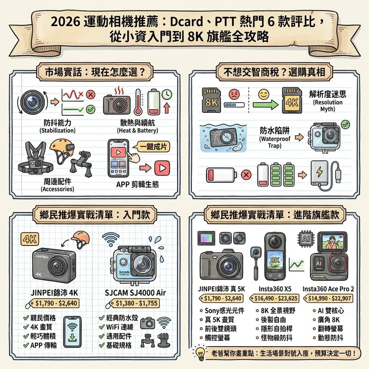 運動相機怎麼選？2026 最新 6 款推薦清單，潛水紀錄與運動 Vlog 社群熱議款比較 📸
