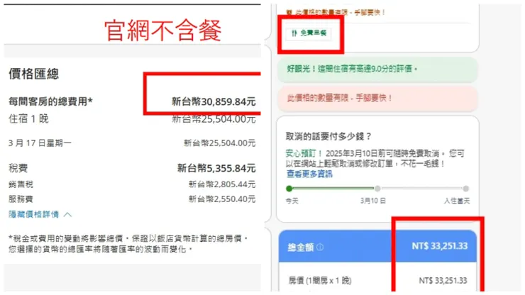 左：未含早餐價格/右：線上訂房含早餐價格