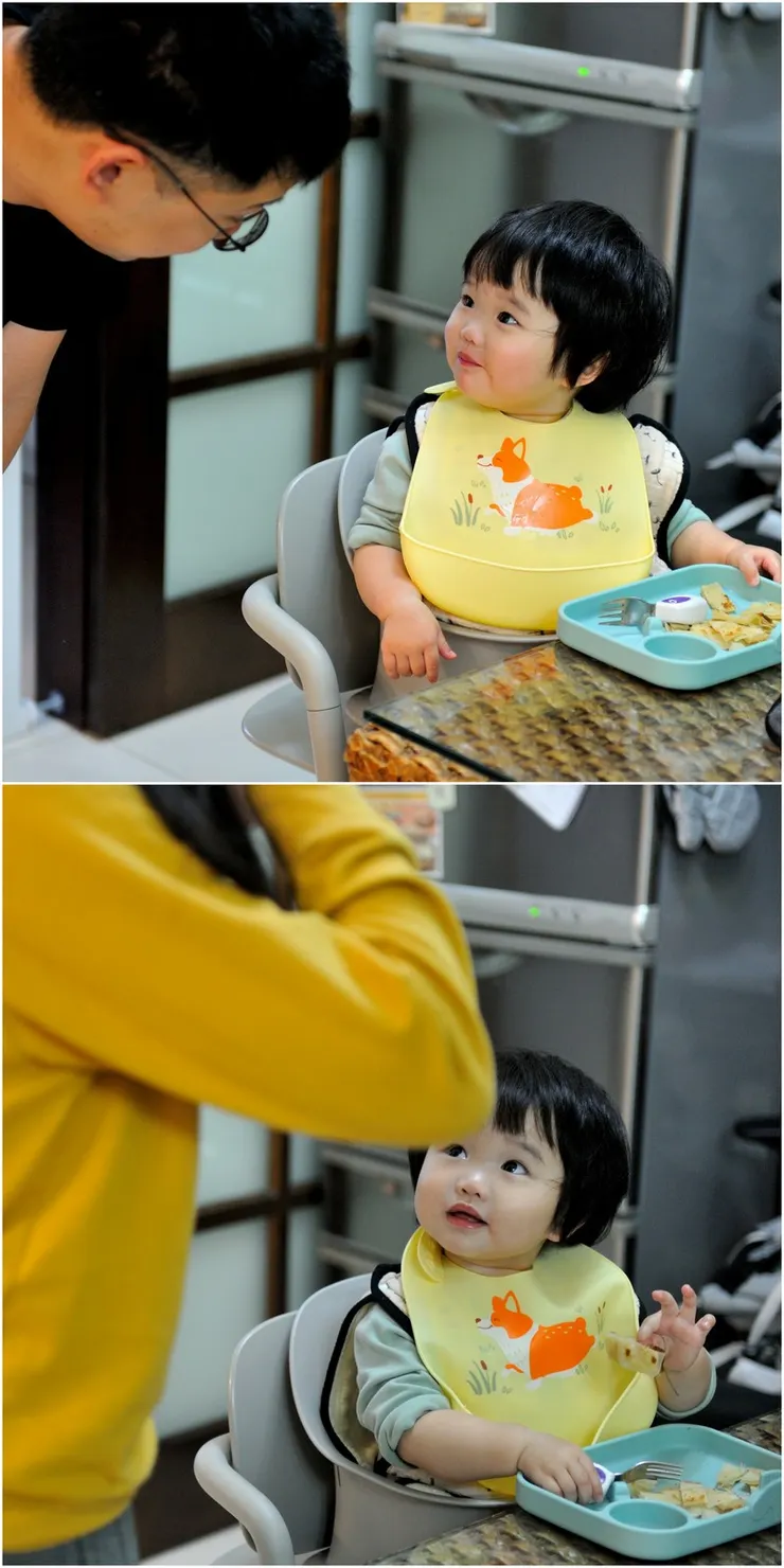 【再見爸媽她笑得比蒙娜麗莎還美！早上7點多，萬萬正在吃早餐，睡另間房的拉拉和兒子先後出來，叫她，她轉頭看見，那表情和笑容的幸福美妙，達文西再世也畫不出吧！】