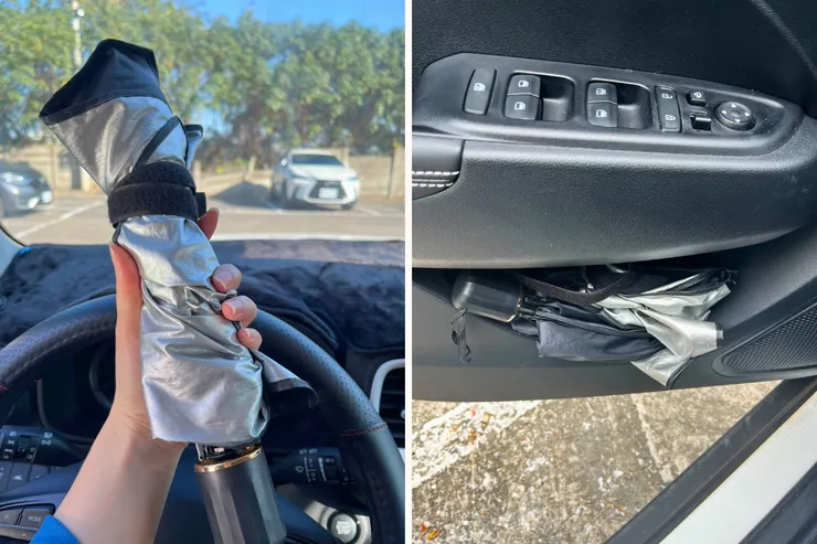 左圖為遮陽傘收起模樣，右圖為實際塞車門邊情形