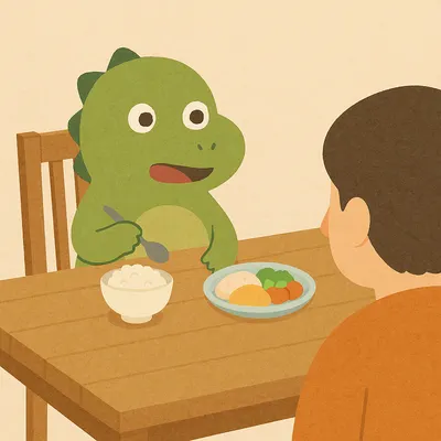 怕怕龍試著坐到餐桌吃飯了：他說這樣好像大人噢！