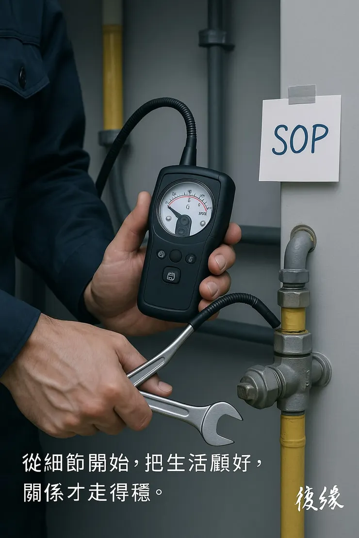 機電工程師檢查瓦斯與排油煙機的手部特寫,專業與細節讓人安心