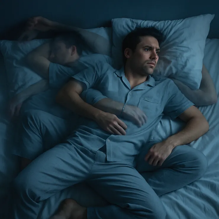 床上躺著一位翻來覆去輾轉難眠的男性