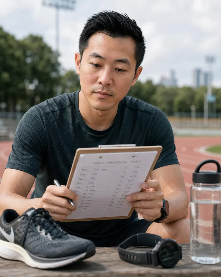 梁練偉在跑道旁檢查半馬訓練課表與配速區間