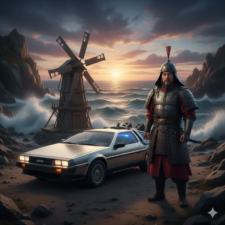 用時光機載來風力發電機的穿越者。