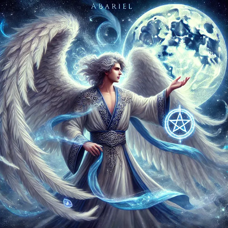 他是一位與所羅門魔法中的月亮第二護符相關的天使。畫面呈現出他身披流動的銀藍色長袍,象徵他與月亮與水元素的聯繫。他擁有發光的以太羽翼,閃爍著如同月光般的神秘光輝,手中持有象徵月亮第二護符的神秘符文