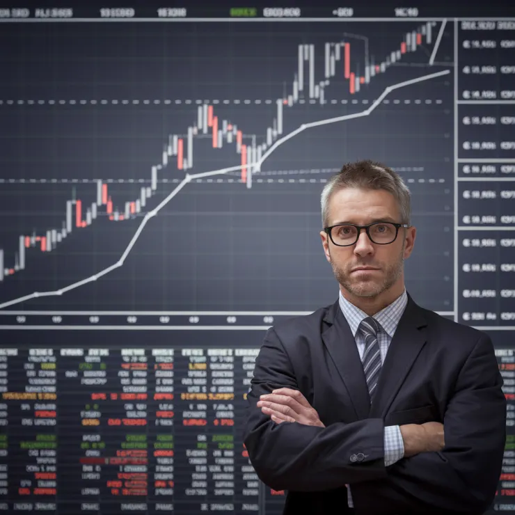 A chart with a long-term bullish trend. The trader is positioned for a bear market. The trader is wearing a suit and glasses, and is standing in front of a chalkboard with various technical analysis charts. The background is a stock exchange floor.