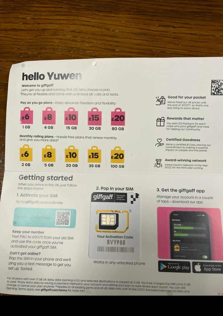 giffgaff 免費 SIM 卡