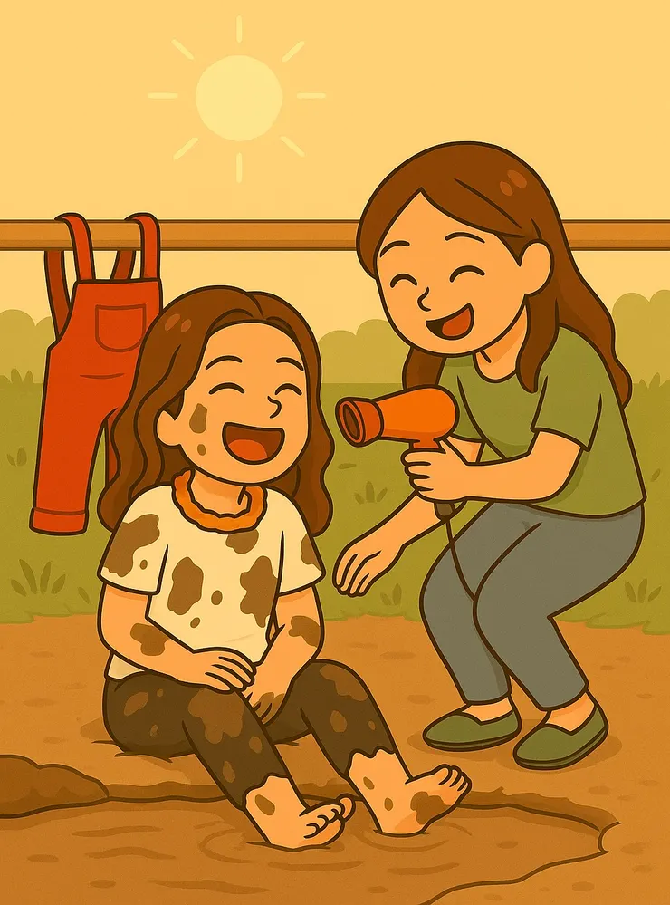 跌進泥巴池後我整個人笑到不行， 好友邊安慰我、邊拿吹風機幫我吹頭髮，嘴裡還說： 「不會很丟臉啦～真的一點都不可怕！」 聽到那句話我瞬間安心好多。😆  我邊抖邊回：「哈哈哈～真的好糗啊～也好丟臉～到底為什麼會掉下去啦～哈哈哈哈～靠邀了～」  那一刻我突然覺得， 能笑著被人救援，也是一種被愛的模樣。 有人願意蹲下來幫你、陪你一起笑， 那就是友情裡最溫柔的瞬間。❤️🩷💜💛🧡