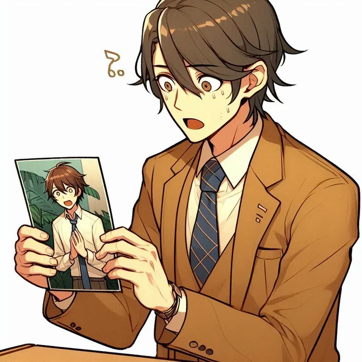 一個老師一臉驚訝地看著照片中曾經發誓的自己 (小昕咒語Bing繪圖)