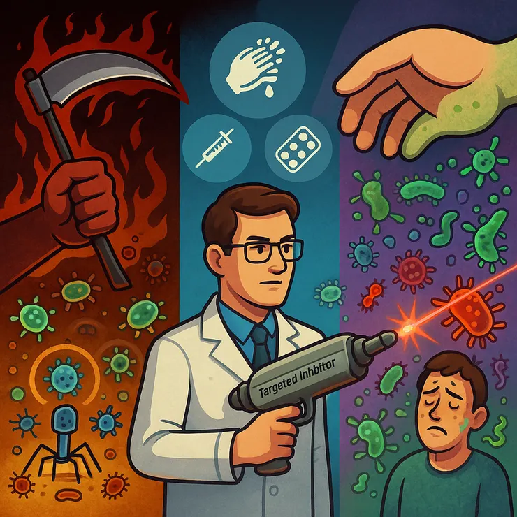 三欄構圖展現不同抗菌策略：左側「全殺路線」、中間「精準除惡、留存良善」、右側「放任路線」