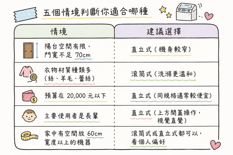 直立式 vs 滾筒式洗衣機怎麼選 五情境判斷表 陽台空間小、長輩使用、預算2萬內 2026洗衣機選購指南