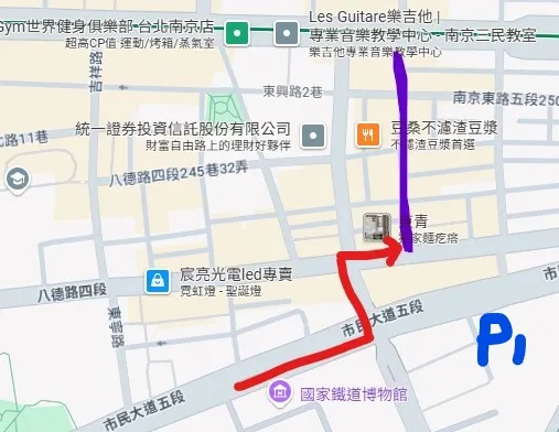 鐵博館北二門至右側小吃街(紫色區)路線示意圖