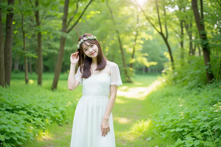 one hand gently tugging at her hair, while her other hand rests casually at her hip,一隻手輕輕地拉著她的頭髮，另一隻手隨意地放在臀部上