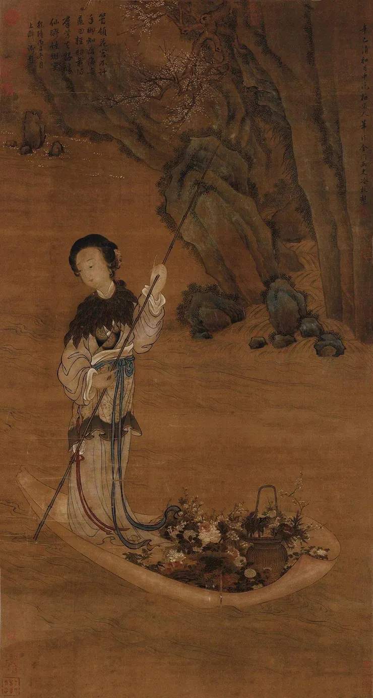 人們心目中的花神，就是不食人間煙火的仙女形象。(清代)冷枚《花神圖》，絹本設色，138×74cm。