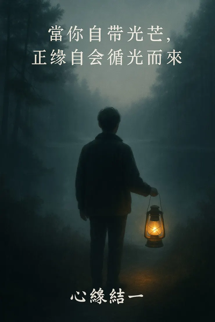 一位單身者在迷霧中提著燈，象徵透過點亮自身能量磁場，吸引正緣桃花的到來。