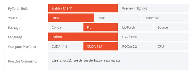 安裝教學的操作。Source: PyTorch 網站